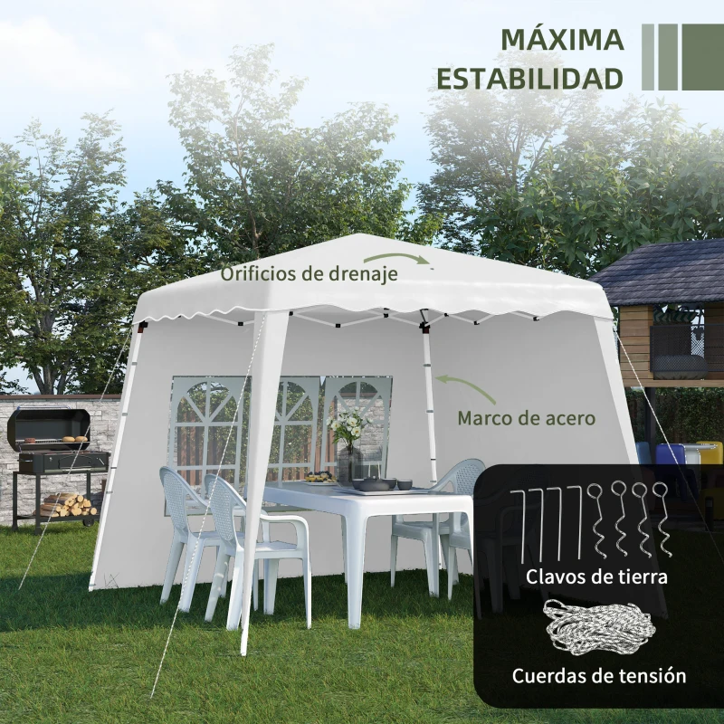 Outsunny Carpa Plegable con 2 Paredes Laterales 2,89x2,89m Cenador Pabellón de Jardín Altura Ajustable Protección UV50+ Blanco