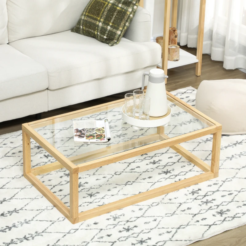 HOMCOM Table basse rectangulaire table de salon avec plateau en verre trempé cadre en bois d'hévéa dim. 100L x 60l x 35H cm