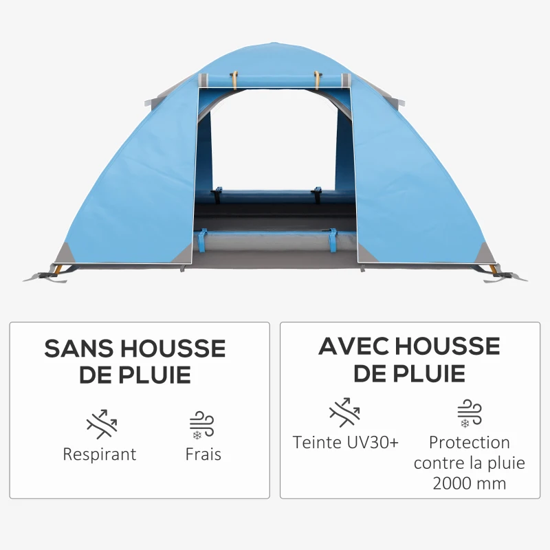 Outsunny Tente de camping 2-3 personnes dôme légère ventilée avec portes zippées sac de transport inclus 268 x 214 x 103 cm bleu