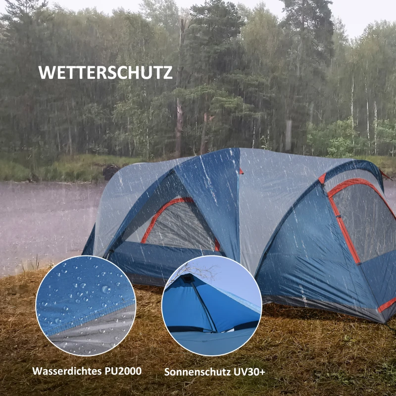 Outsunny kampeertent voor 3-4 personen, twee deuren, gaasraam, blauw, 4,75 x 2,64 x 1,50 m