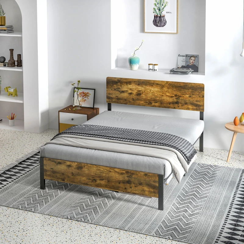 HOMCOM Cama de Matrimonio de Estilo Rústico 162x207 cm Cama Doble con Somier de Acero y Cabezal y Pie de Cama de Melamina