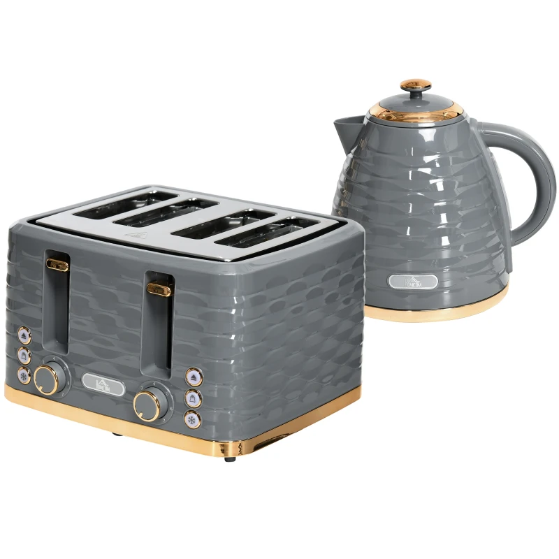 HOMCOM Kettle and Toaster Sets, 3000W 1.7L Rapid Boil Kettle & 4 Slice Toaster with 7 Browning Controls, Defrost, Reheat and Crumb Tray, Otter thermostat, Grey(m-11)
