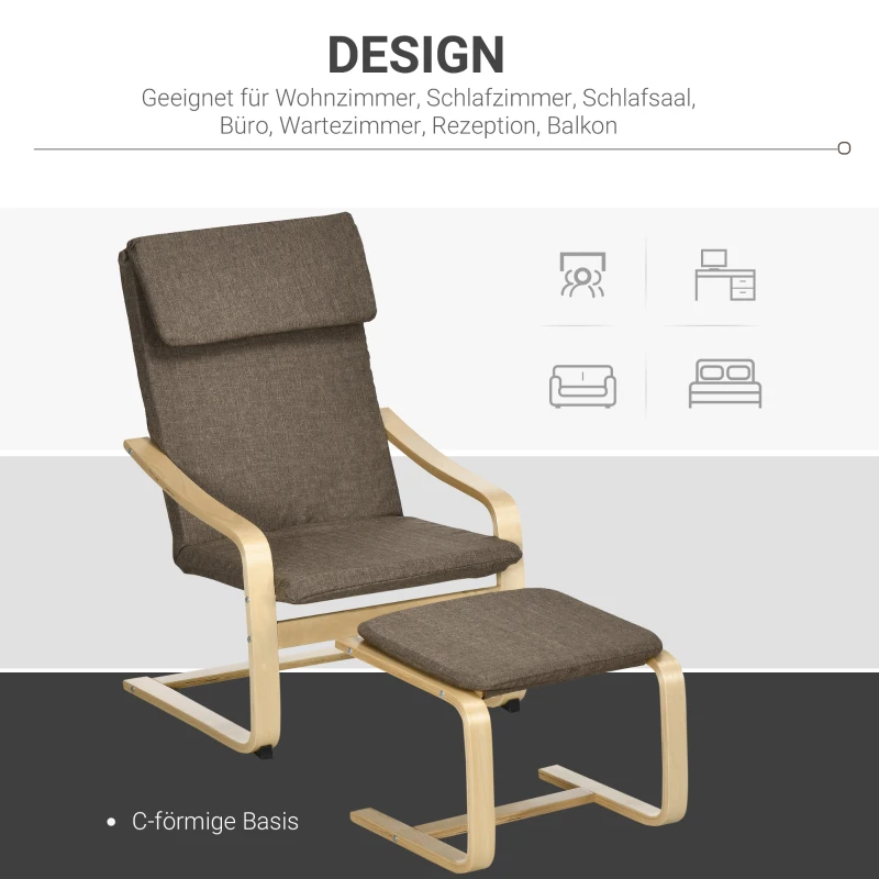 HOMCOM Fauteuil met voetenbank, fauteuilset, linnenlook, massief hout, bruin + naturel