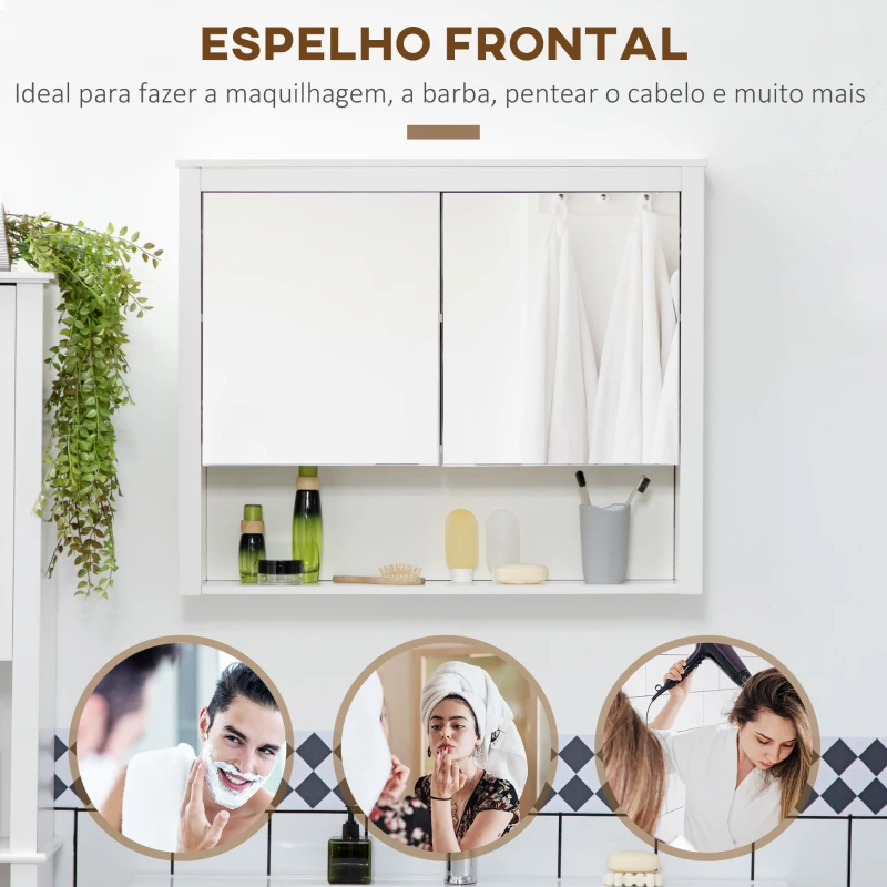 HOMCOM Armário de Parede para Casa de Banho com Espelho 2 Portas e Prateleira de Armazenamento 80x20x65cm Branco