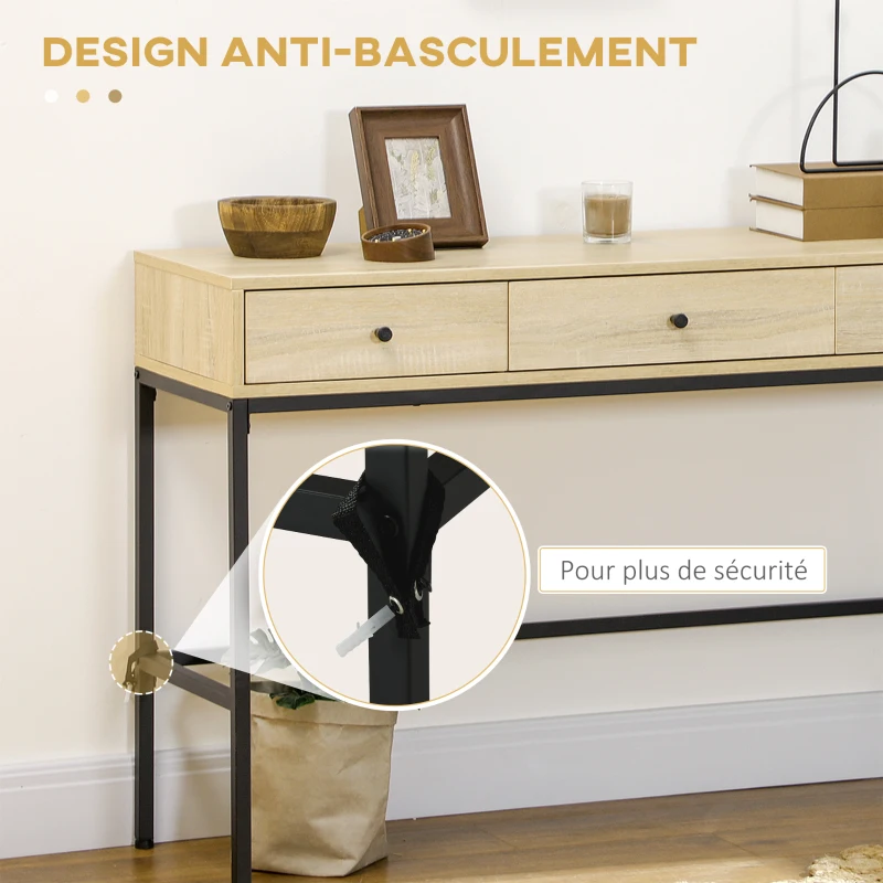 HOMCOM Table console table d'entrée structure en acier 3 tiroirs effet bois style industriel 120 x 39,8 x 78 cm naturel noir
