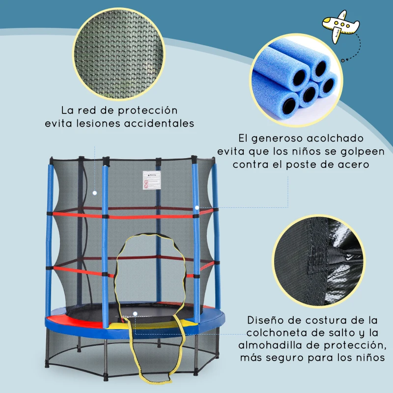 HOMCOM Cama Elástica Infantil Trampolín para Niños de 3-6 Años con Red de Seguridad Carga 45 kg Ø140x160 cm Multicolor