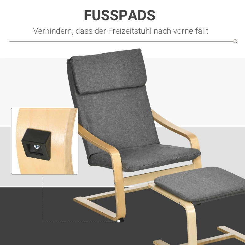 HOMCOM Fauteuil met voetenbank, fauteuilset, linnenlook, massief hout, grijs+naturel