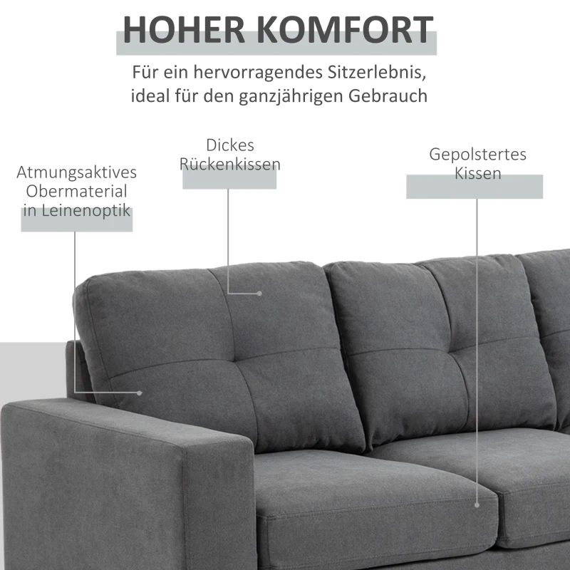HOMCOM Hoekbank in Scandinavisch design, met knoopdetail, massief hout, linnenlook, Grijs(m-4)