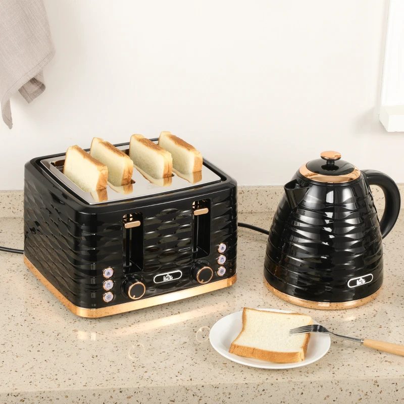 HOMCOM Kettle and Toaster Sets, 3000W 1.7L Rapid Boil Kettle & 4 Slice Toaster with 7 Browning Controls, Defrost, Reheat and Crumb Tray, Otter thermostat, Black(m-10)