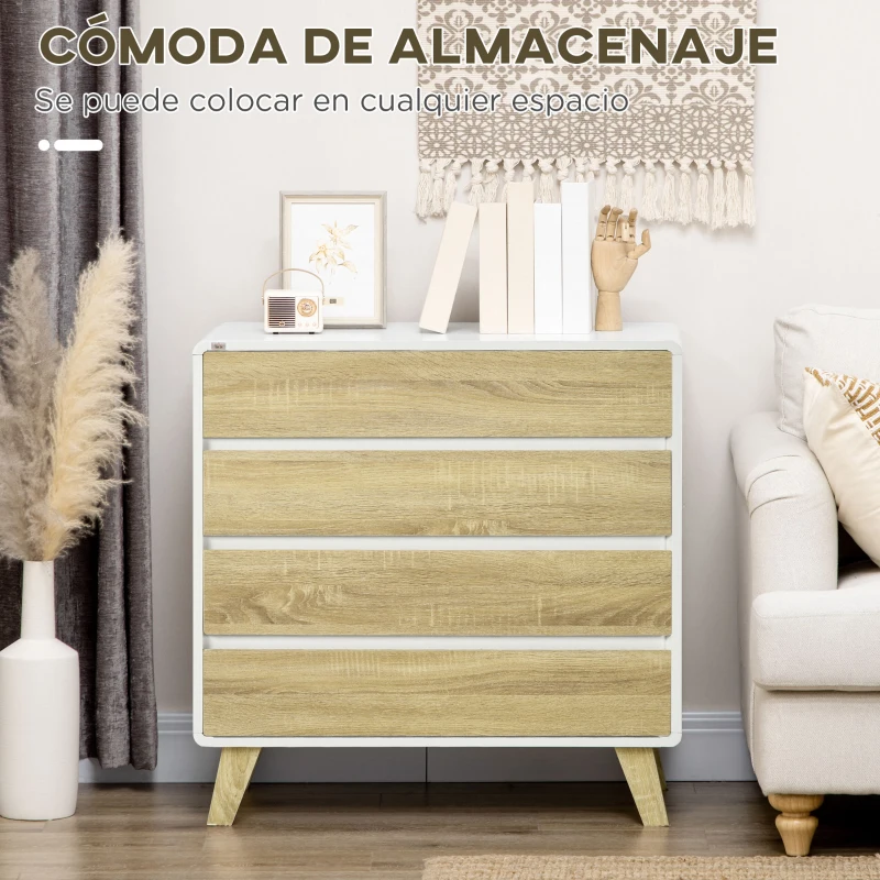 HOMCOM Cómoda con 4 Cajones Cajonera de Madera con Patas Elevadas para Salón Dormitorio 80x40x79,5 cm Blanco y Roble