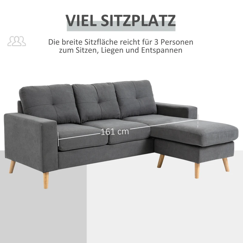 HOMCOM Hoekbank in Scandinavisch design, met knoopdetail, massief hout, linnenlook, Grijs(m-5)
