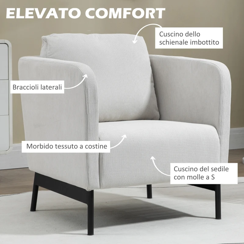HOMCOM Poltroncina in Velluto a Coste con Gambe in Acciaio e Cuscino Posteriore, 73x74x82 cm, Grigio