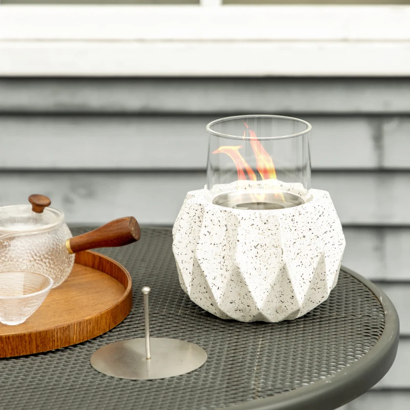 Outsunny Tischkamin in Steinoptik, Windschutz, Feuerstelle mit Brennkammer, Windlicht, Grau