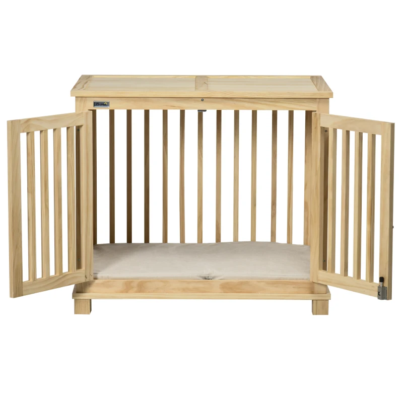 Klatka dla psa PawHut z zamkiem i podkładką, 82,5 cm x 57 cm x 72 cm, naturalne drewno+kremowa biel