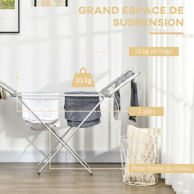 HOMCOM Séchoir à linge étendoir à linge électrique 2 ailes latérales extensibles cadre en alliage d'aluminium 144 x 53 x 91 cm
