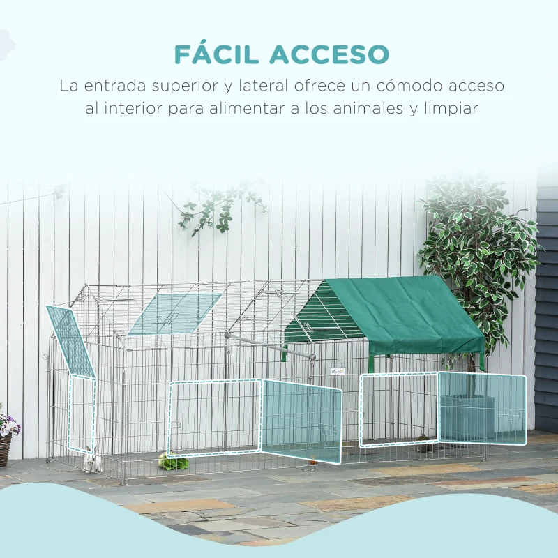 PawHut Jaula Recinto para Animales Pequeños con 2 Puertas y Toldo para Exterior Jardín Patio 220x103x103cm Plata y Verde