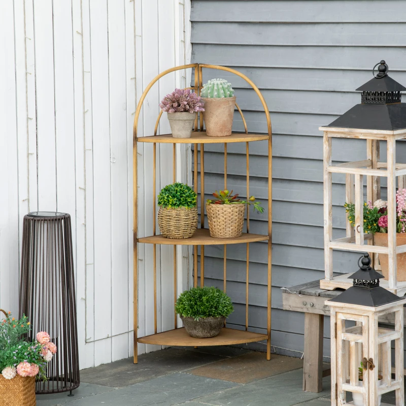 Outsunny Plantenstandaard, bloemenrek, 3 niveaus, roestvrij afwerking, metalen frame, lichtbruin, 36,5 x 36,5 x 108 cm