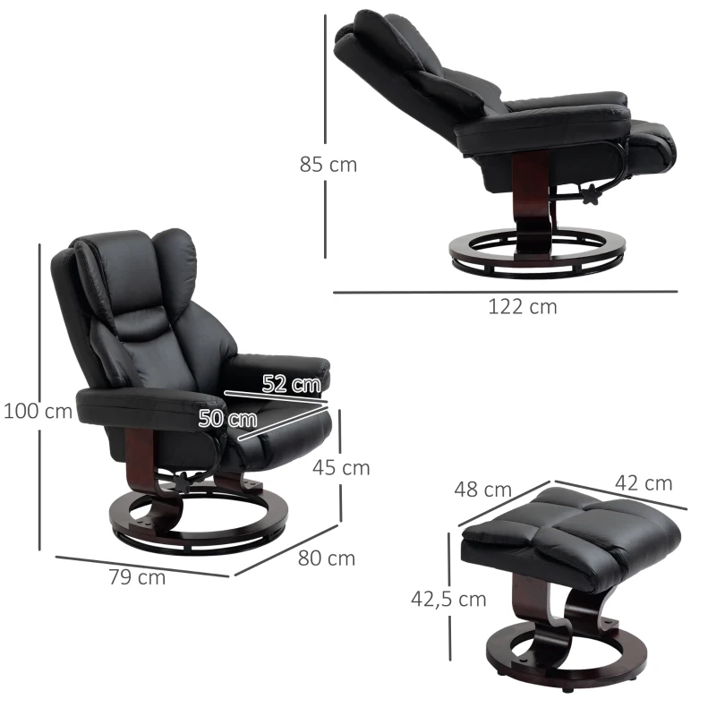 HOMCOM Fauteuil met kruk, ligfunctie, draaibaar, tot 160 kg, kunstleer, metalen frame, zwart, 80 x 79 x 100 cm
