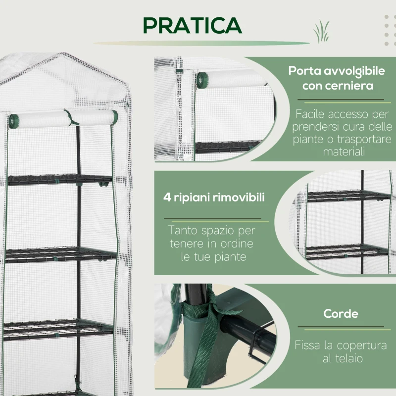 Outsunny Serra per Piante Verticale con Scaffale a 4 Ripiani in Acciaio e PE Bianco, 70x50x160cm