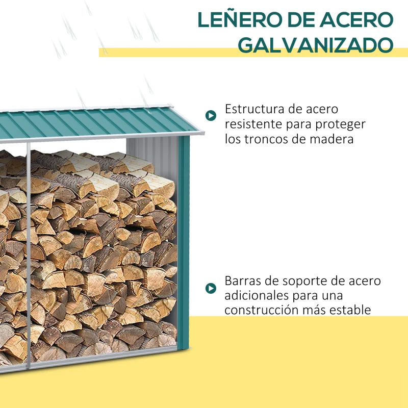 Outsunny Casetilla para Leña de Acero Galvanizado Leñero Exterior Cobertizo de Almacenamiento de Troncos con Techo para Jardín Terraza 240x86x160 cm Verde