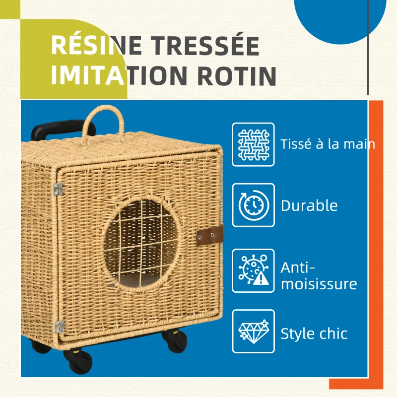PawHut Caisse de transport pour chat avec roulettes et poignée télescopique en résine tressée effet rotin coussin inclus marron