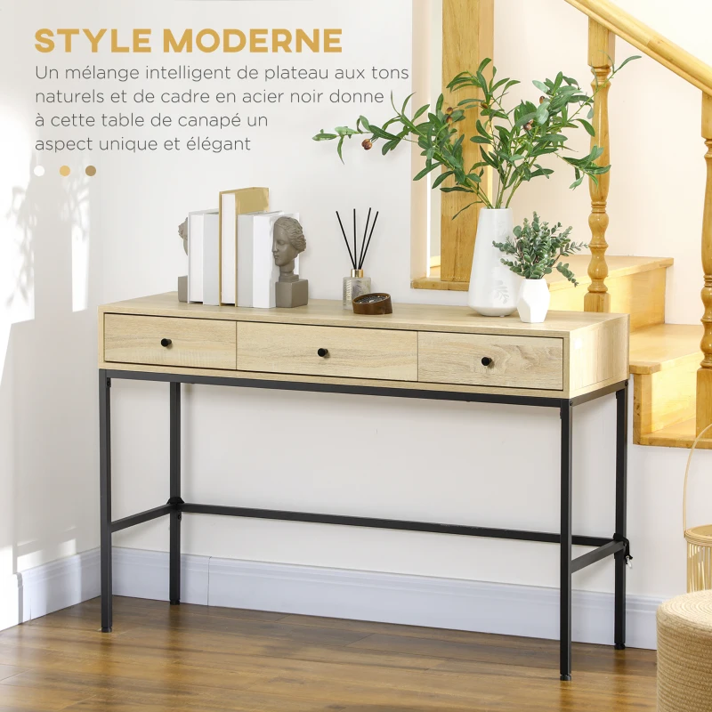HOMCOM Table console table d'entrée structure en acier 3 tiroirs effet bois style industriel 120 x 39,8 x 78 cm naturel noir