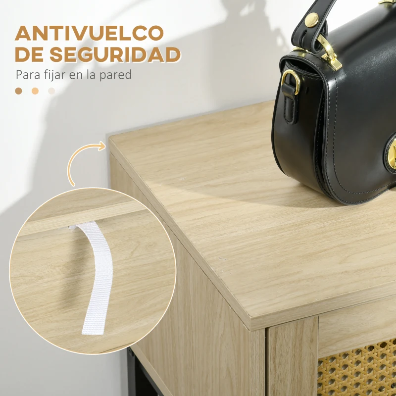 HOMCOM Mesa Consola Mueble Recibidor con 2 Cajones de Rejilla de Ratán Estante de Almacenaje Marco de Metal 90x35x82,5cm Roble