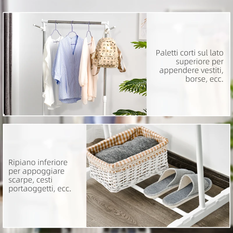 HOMCOM Appendiabiti Stender ad Altezza Regolabile con Fondo Portaoggetti e 4 Ruote, 68.5x42x87-145 cm