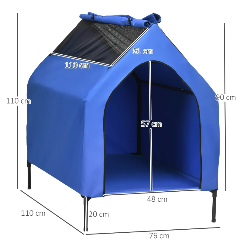 PawHut Caseta para Perros Grandes 110x76x110 cm Cama Elevada para Mascotas con Cubierta Desmontable y Ventanas de Malla Azul