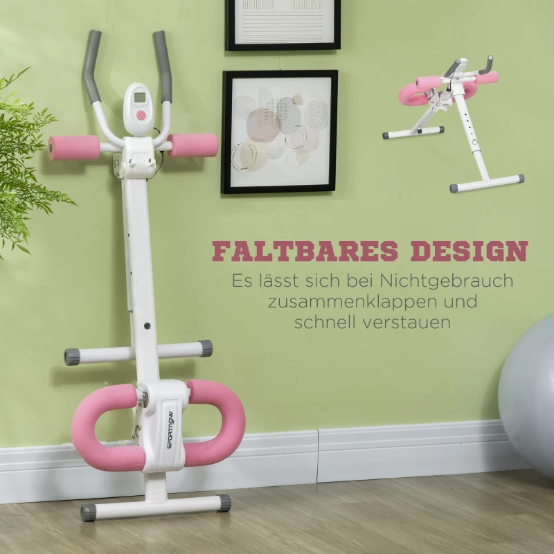 SPORTNOW Bauchtrainer, klappbar, winkel- und höhenverstellbar, Monitor, Stahlrahmen, weiß+rosa, 115 x 48 x 82 cm