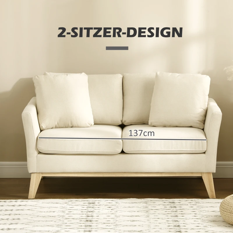 HOMCOM 2-zitsbank, Scandinavisch design, 2 sierkussens, frame van natuurlijk hout, beige, 137 x 78 x 78 cm