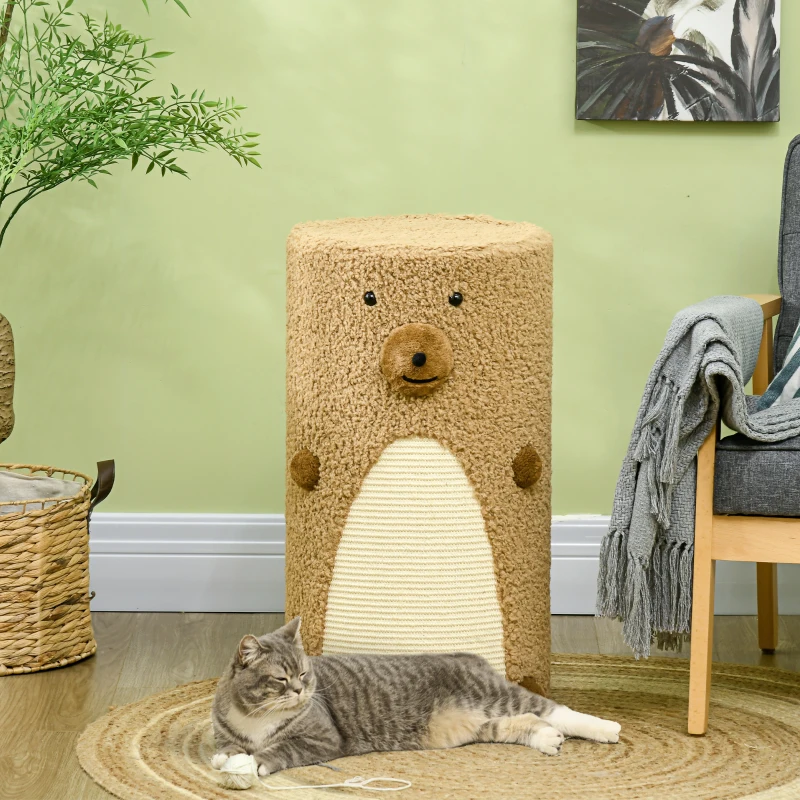 PawHut Bear Design Cat Scratching Post, 2 Cat Caves, 1 Scratching Surface, White + Brown