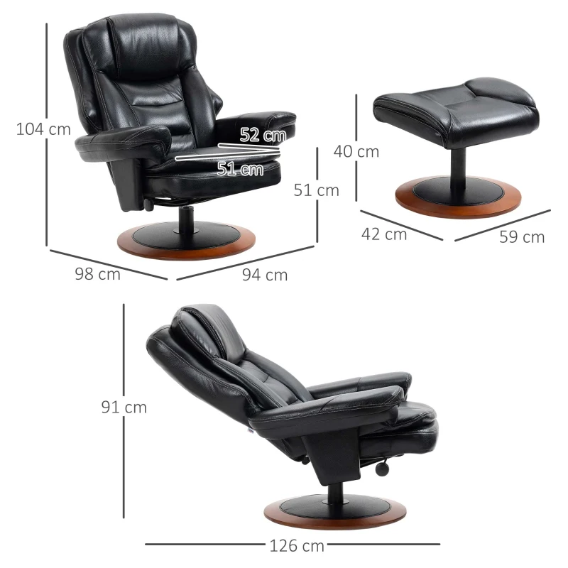 HOMCOM Fauteuil met voetenbank, relaxfauteuil, 360° draaibaar, verstelbare rugleuning, zwart+bruin