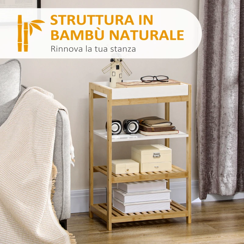 HOMCOM Mobile con Scaffali in Bambù e MDF con Vassoio removibile, 42.8x33x70cm, Bianco e color Legno