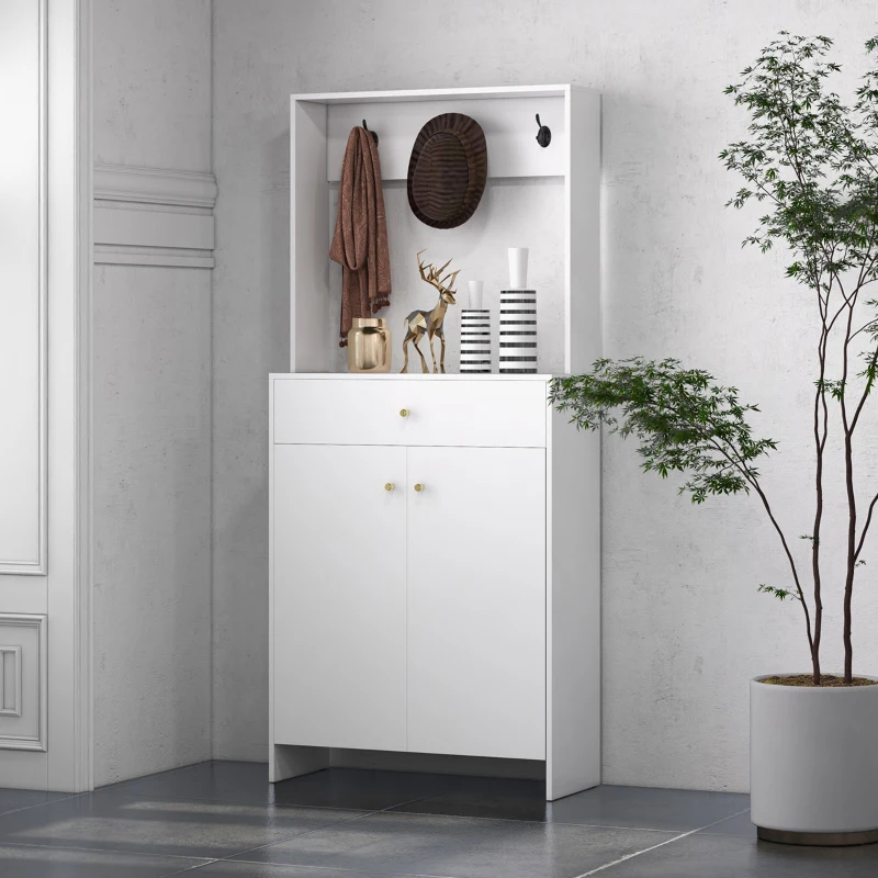 HOMCOM Mueble Zapatero con Perchero 3 Ganchos Cajón 2 Puertas y Estantes Ajustables para 12 Pares de Zapatos 80x32x180cm Blanco