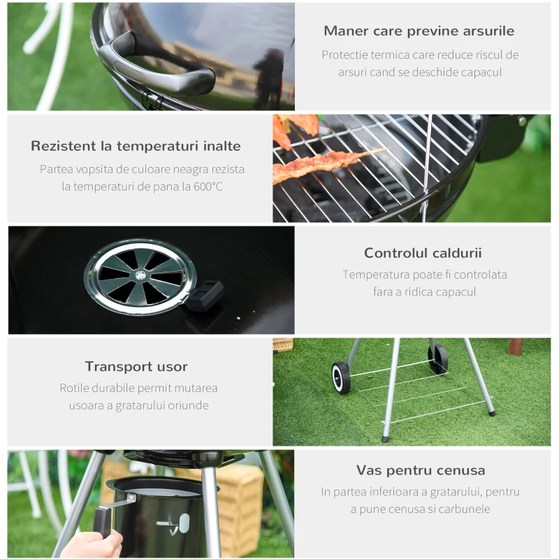 Outsunny Barbecue cu Carbune Capac si Termometru Grilaj Dublu in Metal Negru