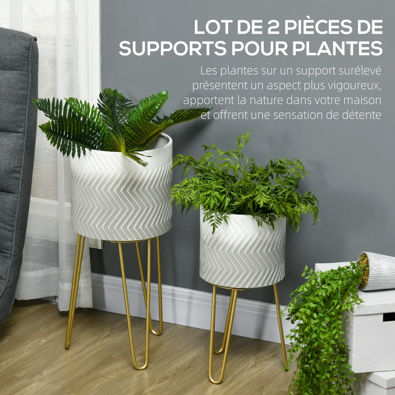Outsunny Lot de 2 supports cache-pots ronds pour plantes en métal avec pieds épingles hauteurs 67 et 52 cm gris