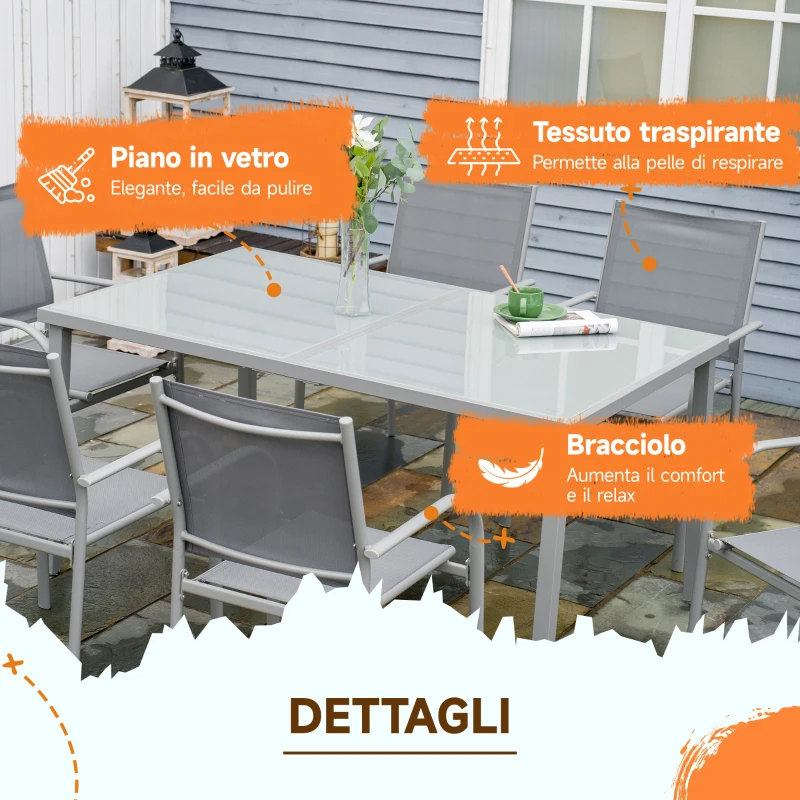Outsunny Set da Giardino con Tavolo in Vetro Temperato e 6 Sedie con Tessuto a rete, Grigio