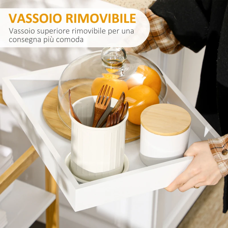 HOMCOM Mobile con Scaffali in Bambù e MDF con Vassoio removibile, 42.8x33x70cm, Bianco e color Legno