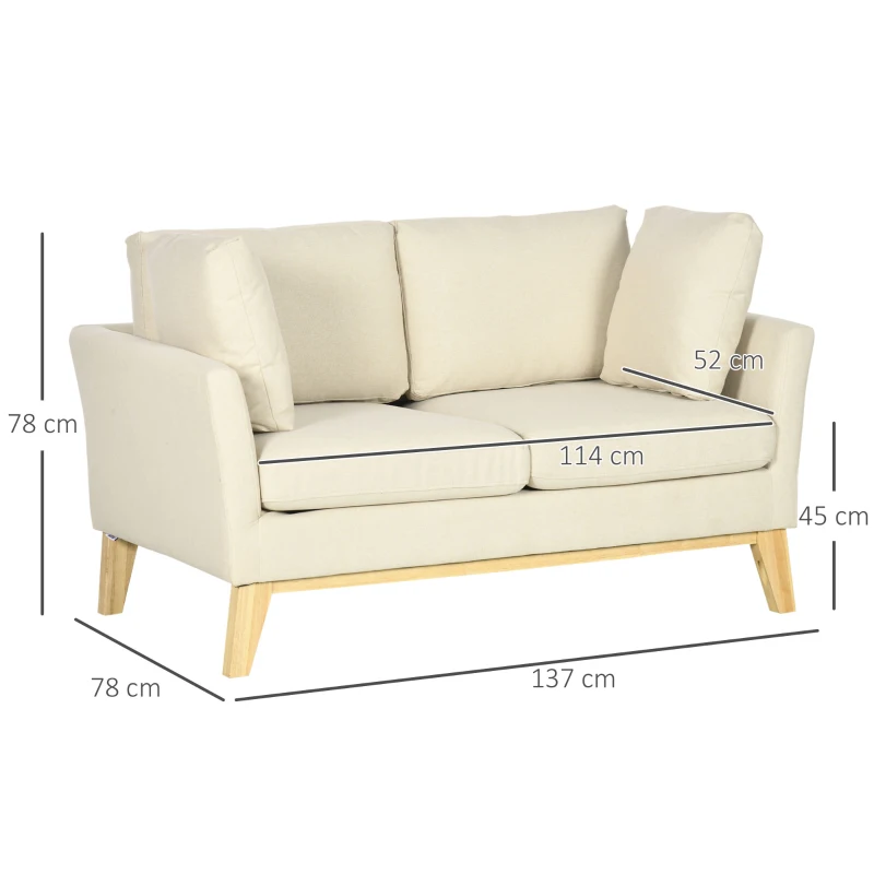 HOMCOM Divano da 2 Posti in Legno di Eucalipto e Tessuto Effetto Lino con 2 Cuscini, 137x78x78 cm, Beige