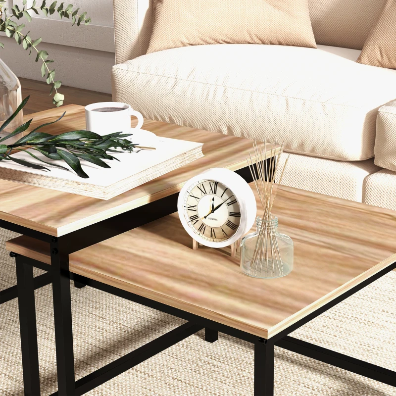 HOMCOM Set van 2 bijzettafels, industrieel design, zwart stalen frame, tafelblad met houteffect