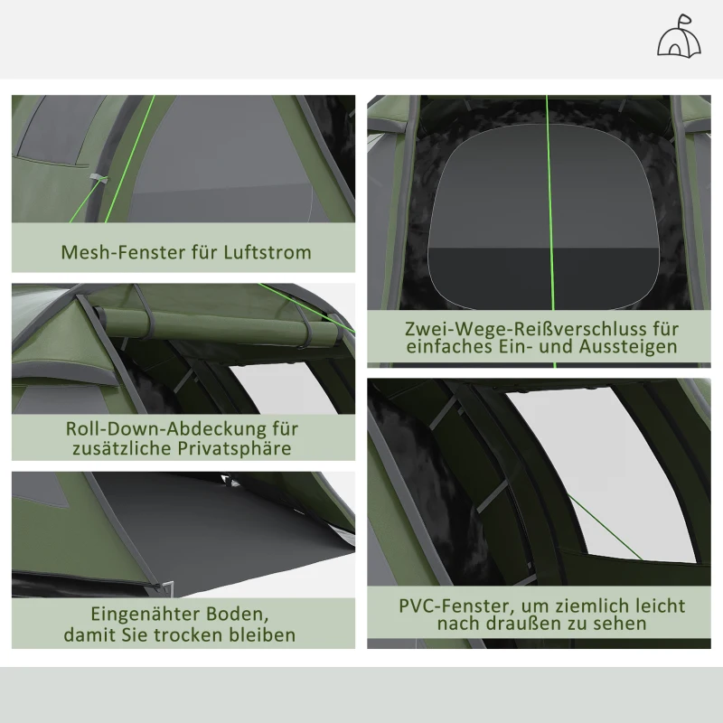Outsunny kampeertent voor 3-4 personen, twee binnenruimtes, gaasraam, groen, 4,75 x 2,64 x 1,72 m