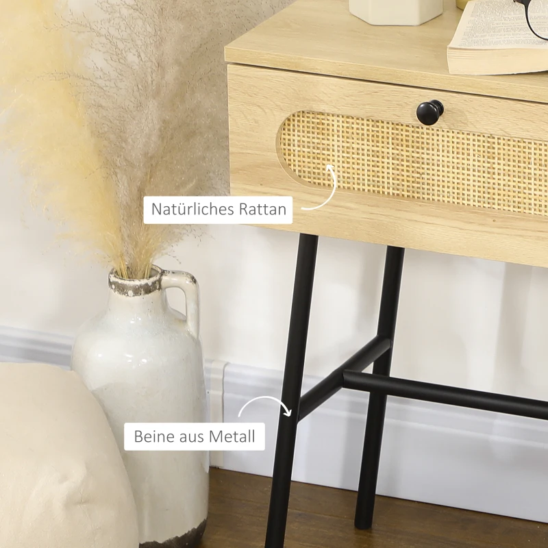 HOMCOM Beistelltisch mit Schublade, Rattandekor, Naturholzoptik, 45 x 29 x 61,5cm