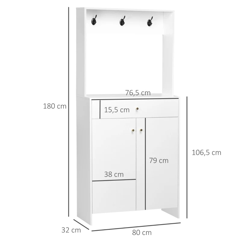 HOMCOM Mueble Zapatero con Perchero 3 Ganchos Cajón 2 Puertas y Estantes Ajustables para 12 Pares de Zapatos 80x32x180cm Blanco