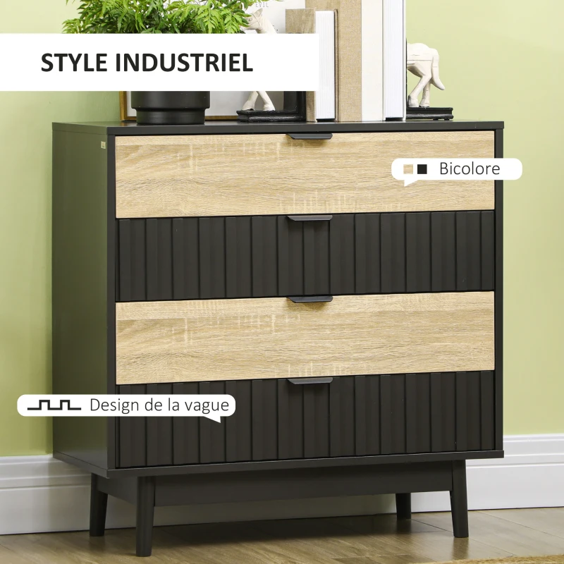 HOMCOM Commode meuble de rangement 4 tiroirs pieds en métal style contemporain 80 x 35 x 80 cm naturel et noir