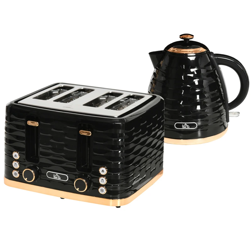 HOMCOM Kettle and Toaster Sets, 3000W 1.7L Rapid Boil Kettle & 4 Slice Toaster with 7 Browning Controls, Defrost, Reheat and Crumb Tray, Otter thermostat, Black(m-11)