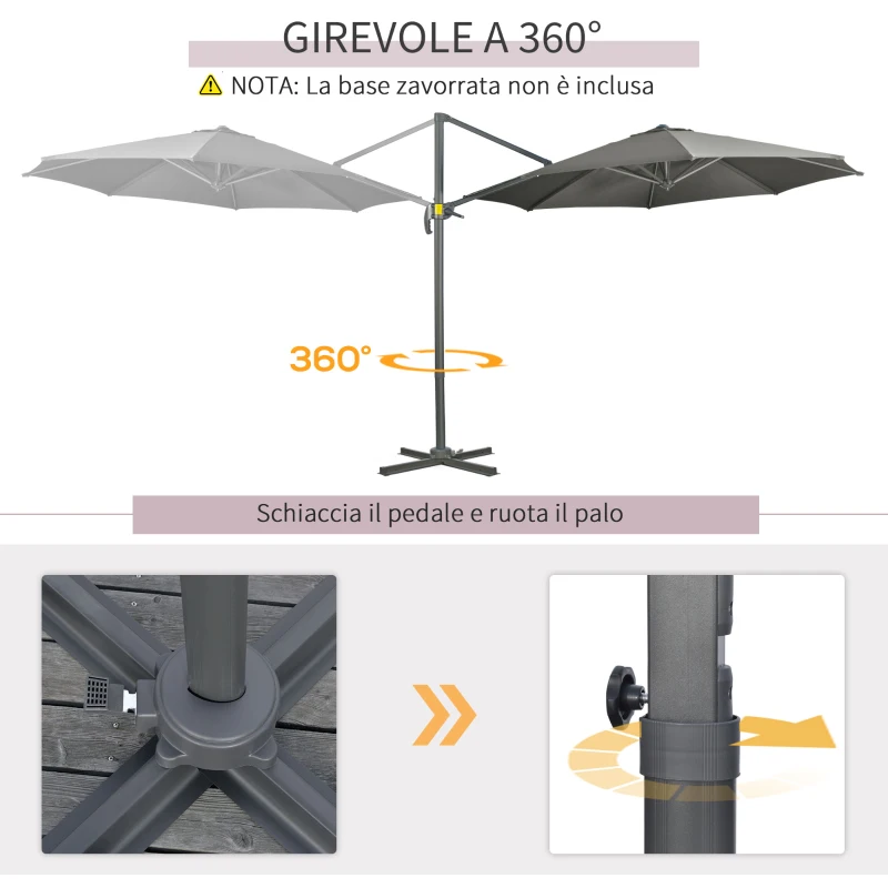 Outsunny Ombrellone da Giardino Decentrato 3x2.5 m Girevole a 360° con Angolazione Regolabile, Grigio