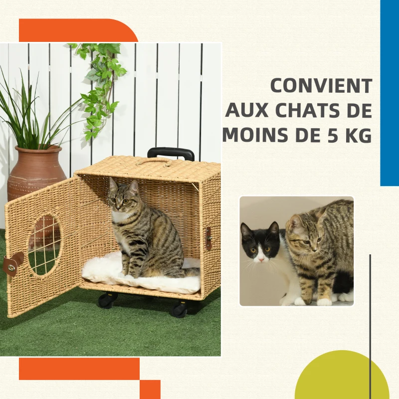 PawHut Caisse de transport pour chat avec roulettes et poignée télescopique en résine tressée effet rotin coussin inclus marron