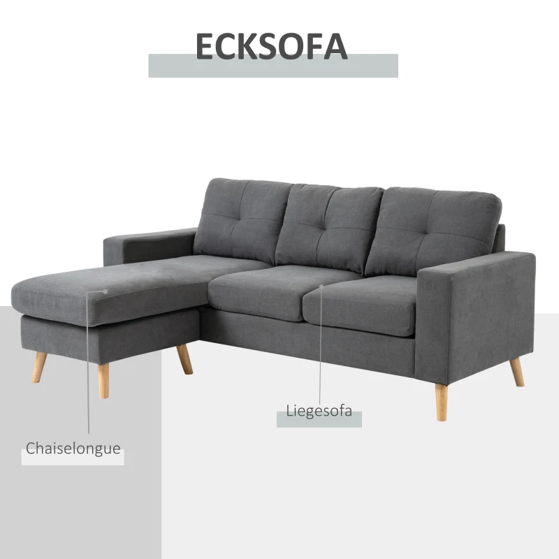 HOMCOM Hoekbank in Scandinavisch design, met knoopdetail, massief hout, linnenlook, Grijs(m-6)
