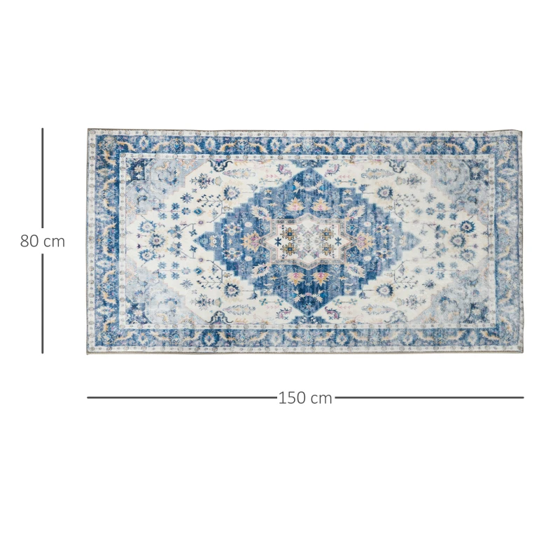 HOMCOM Alfombra de Salón Vintage 150x80 cm Alfombra Rectangular de Lana Sintética Antideslizante para Salón Dormitorio Azul